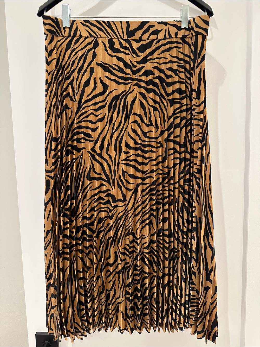 NWOT Pleated Zebra-Print Midi Skirt in Tan and Black
